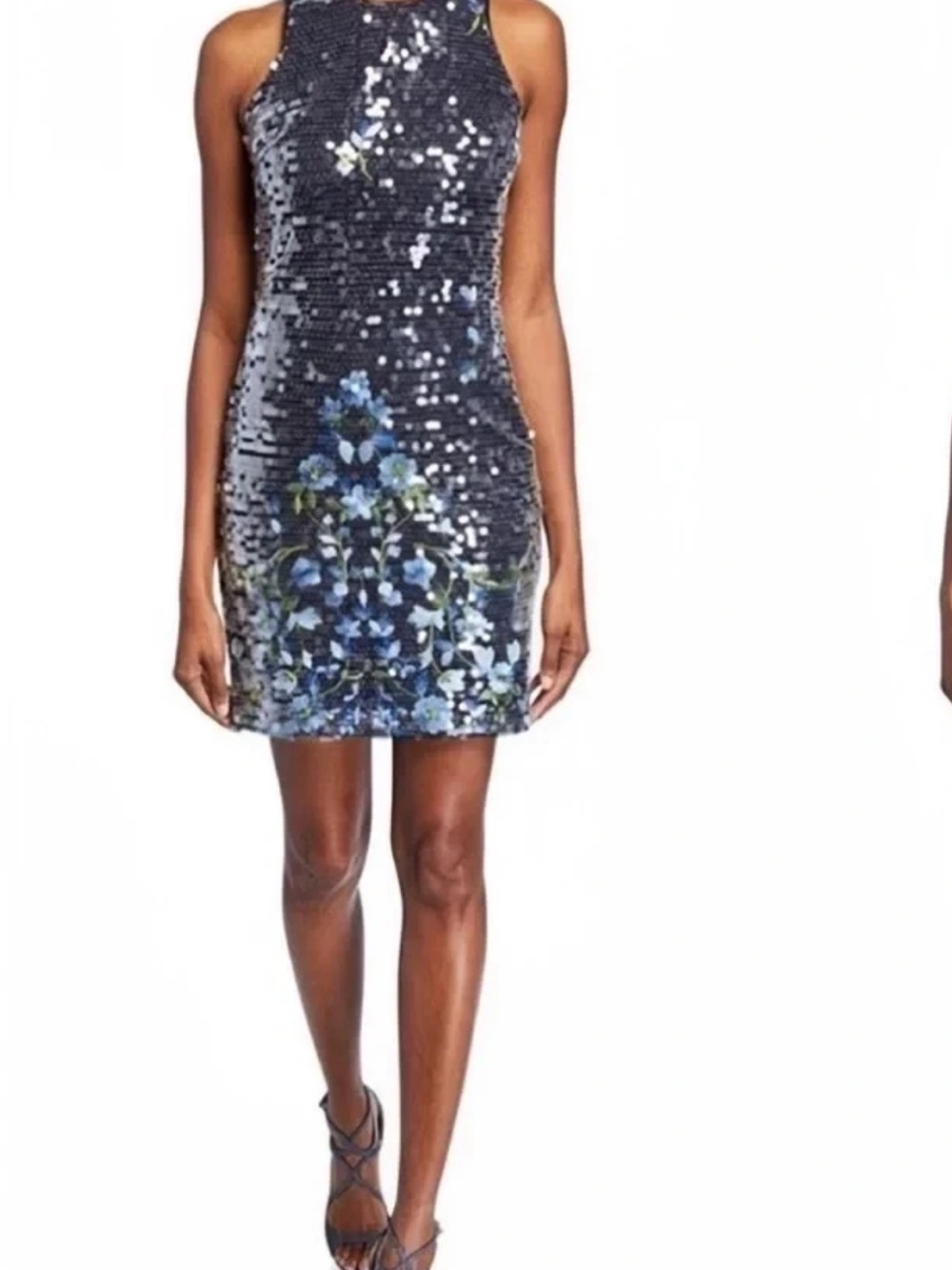 Aidan Mattox NWT Navy clearSequin Dress with embroidered Blue Floral Detail Sz 8